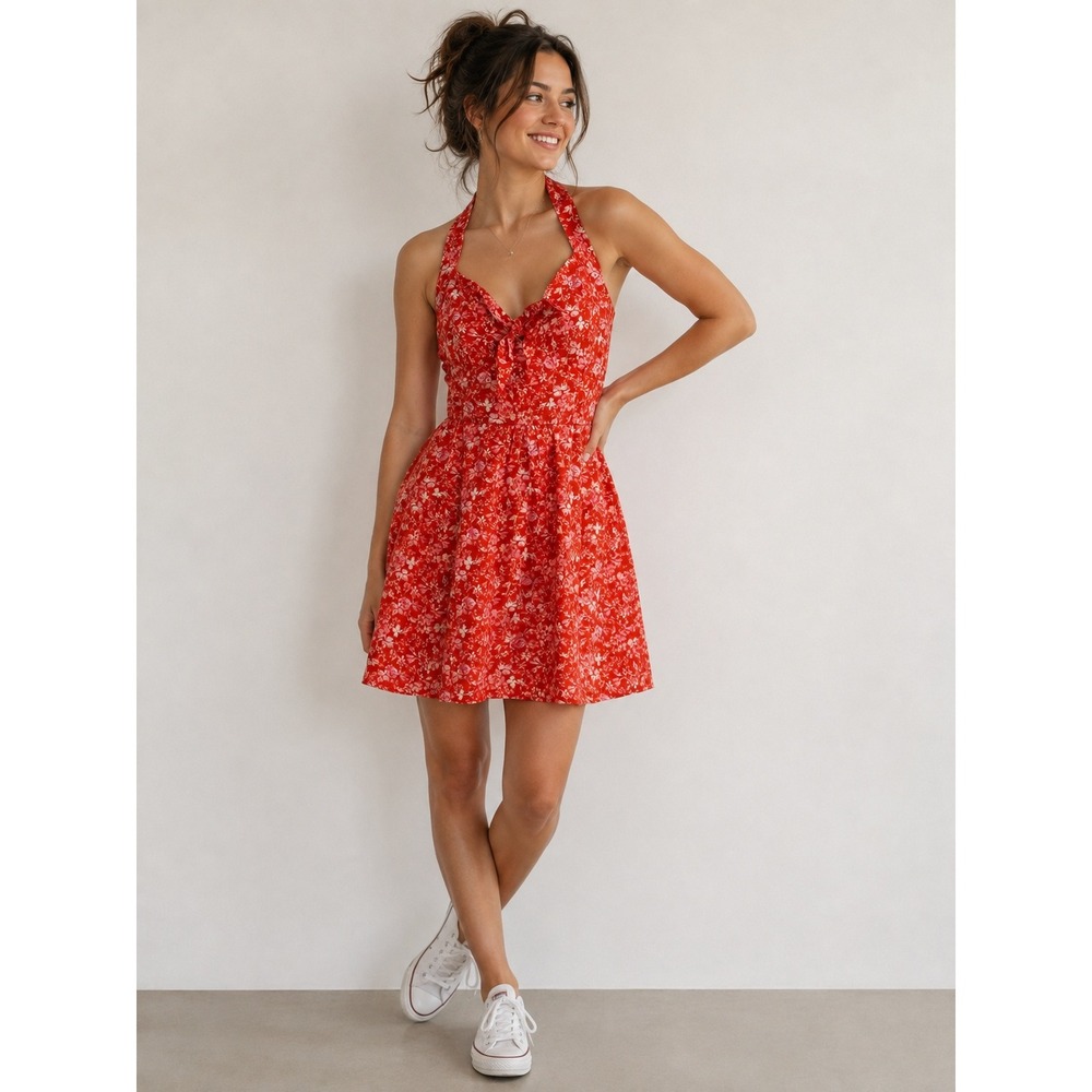 Trixxi Halter Dress Womens M Rust Orange Floral Country Cottagecore Summer NWT